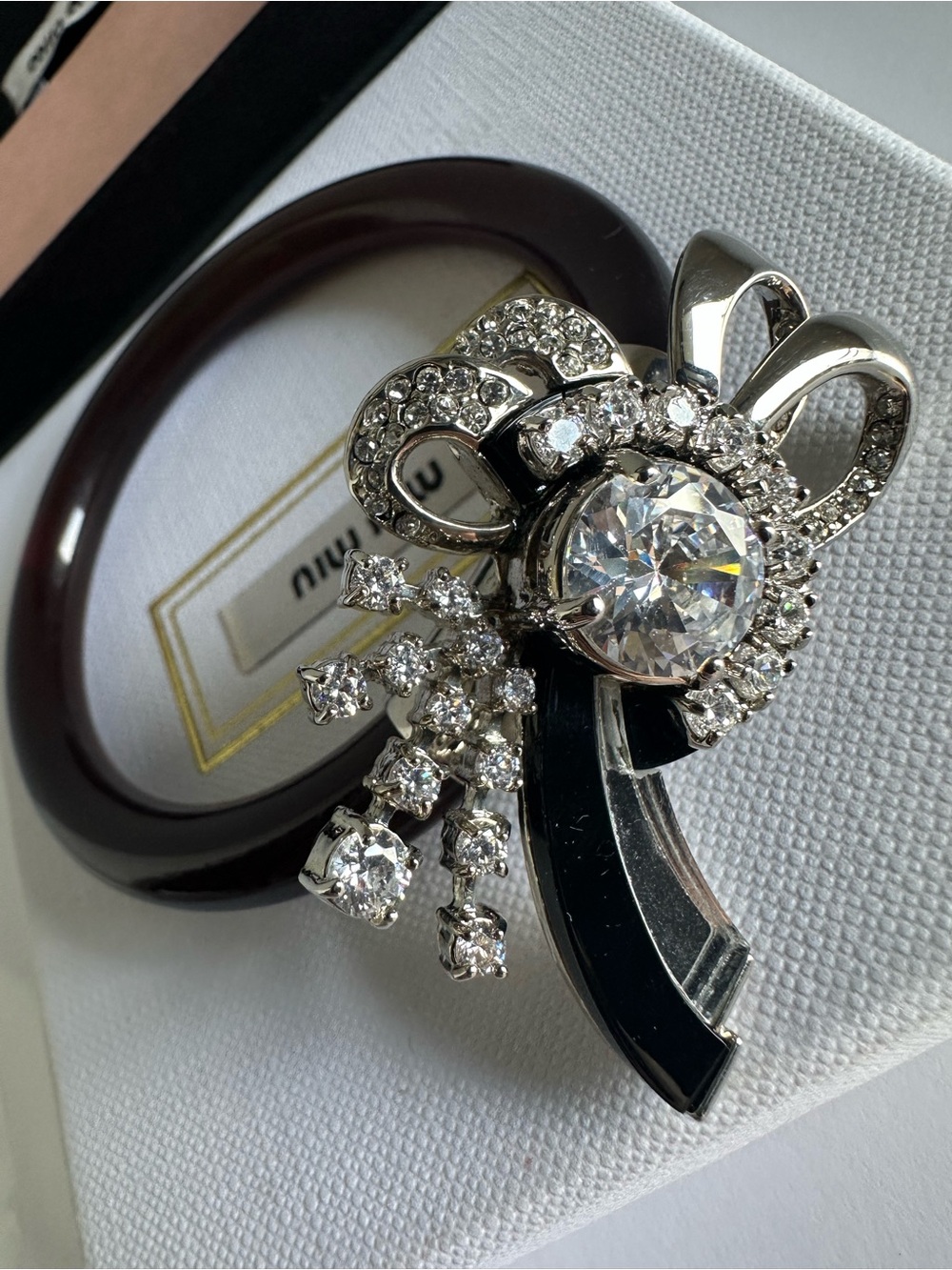 Authentic Miu Miu Crystal Bow Black Resin Bangle Bracelet Silver Size 6.9 Box
